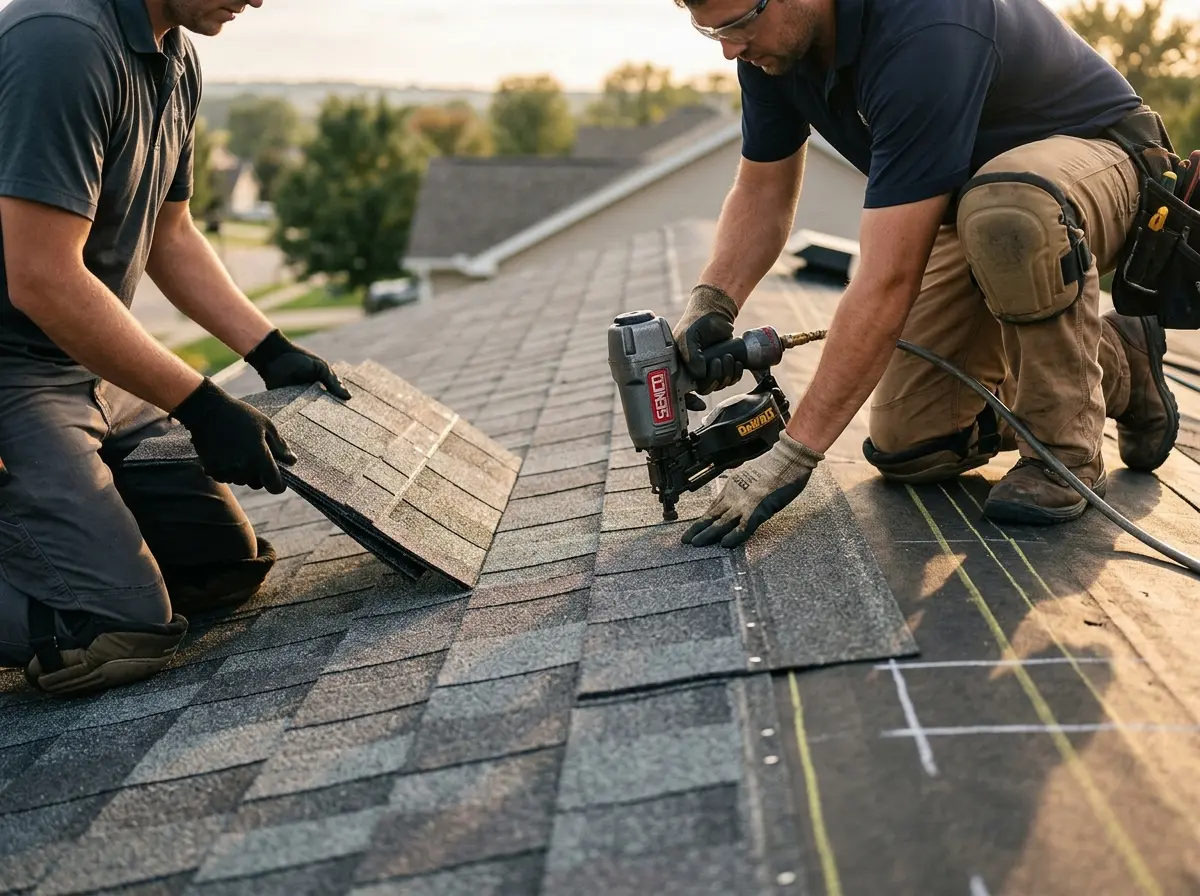 Professional roofer working on a residential roof in Liberty Hill